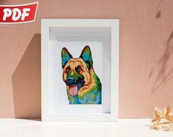 Colorful German shepherd puppy Cross Stitch Pattern, Dog Cross Stitch PDF, Needlepoint patterns pdf, Dog face needlepoint, Digital file