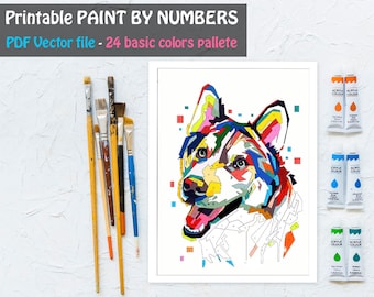 Colorful Husky cute dog Paint By Number Printable Coloring Page, Printable Color By Number, Animal Coloring Sheet, DIY Painting