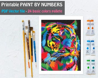 Colorful Tiger Paint By Number Printable Coloring Page, Printable Color By Number, Animal Coloring Sheet, Adult Coloring Page, DIY Painting