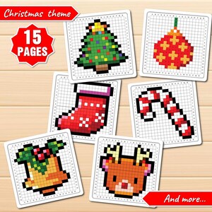 May include: A set of 15 printable Christmas-themed pixel art pages. The pages feature a variety of Christmas icons, including a Christmas tree, a stocking, a candy cane, a bell, and a reindeer. The pages are designed for use with graph paper or pixel art software.