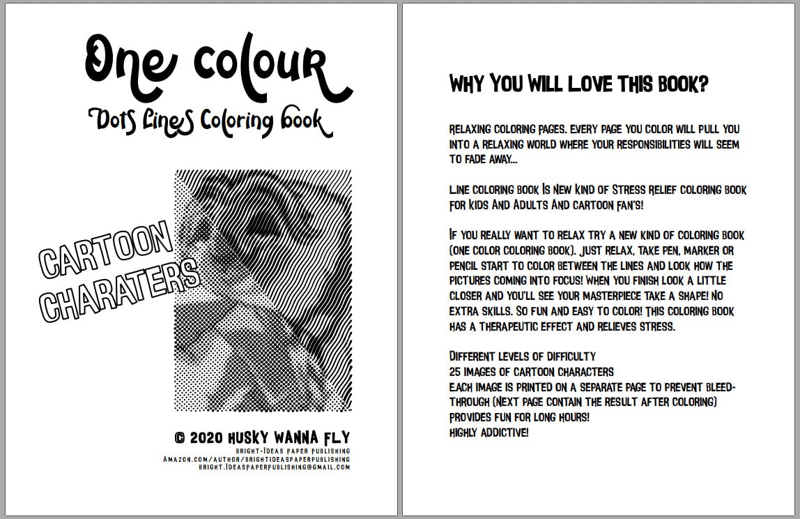 25 pages - One color Lines - Cartoon characters - Printable Coloring Pages, relax and therapy | Vol. 02