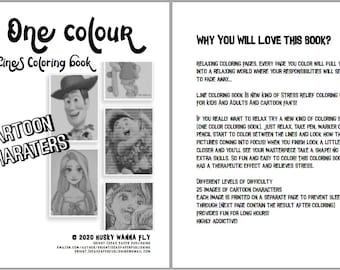 25 pages - One color Lines - Cartoon characters - Printable Coloring Pages, relax and therapy | Vol. 01