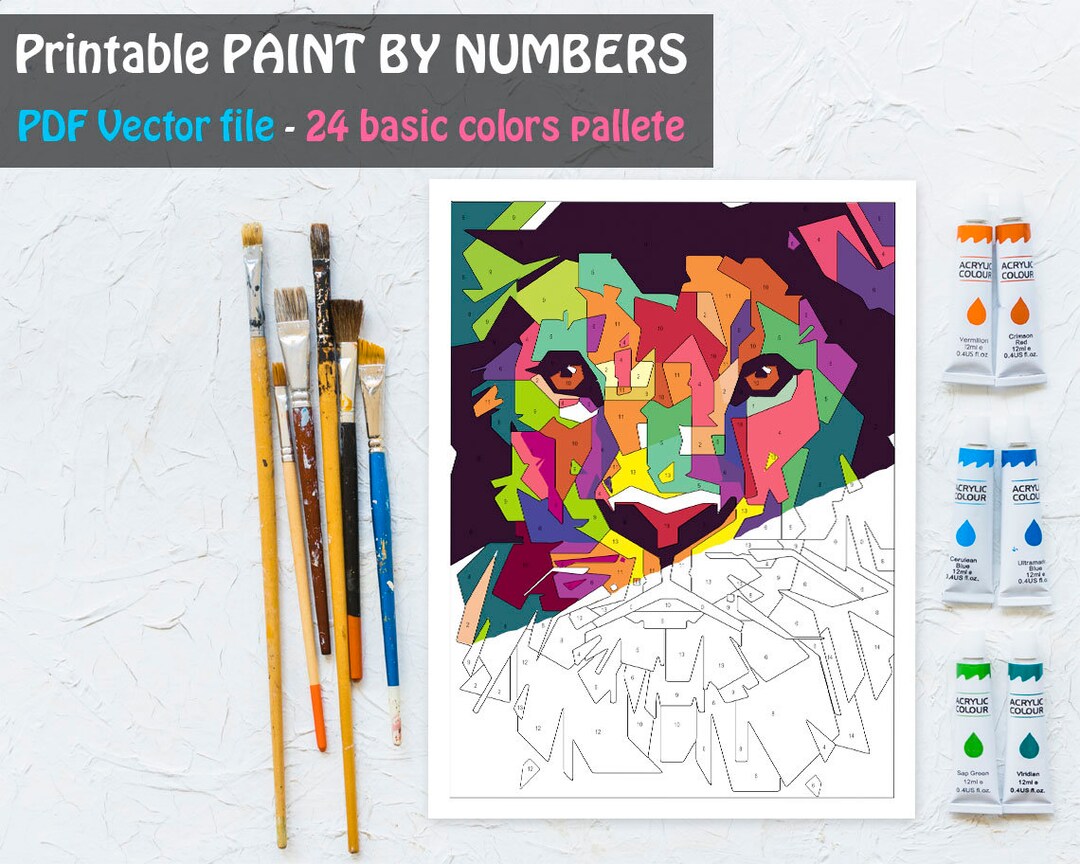 Colorful Lion Paint by Number Printable Coloring Page, Printable Color