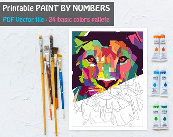 Colorful Lion Paint By Number Printable Coloring Page, Printable Color By Number, Animal Coloring Sheet, Adult Coloring Page, DIY Painting