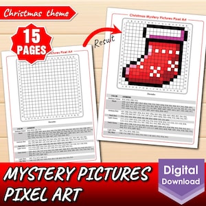 Könnte beinhalten: Eine druckbare Pixel-Art-Aktivität zum Thema Weihnachten mit 15 Seiten. Das Bild zeigt ein fertiges Pixel-Art-Design einer roten Socke mit weißen Punkten und einem rosafarbenen Bündchen. Das Design besteht aus farbigen Quadraten auf einem Raster.