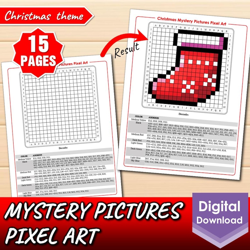 May include: A printable Christmas-themed pixel art activity with 15 pages. The image shows a completed pixel art design of a red stocking with white polka dots and a pink cuff. The design is made up of colored squares on a grid.