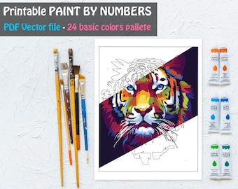 Colorful Tiger Paint By Number Printable Coloring Page, Printable Color By Number, Animal Coloring Sheet, Adult Coloring Page, DIY Painting