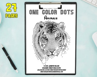 May include: A black and white dot-to-dot animal coloring book titled "One Color Dots Animals" with a tiger illustration. The cover includes the text "27 Pages" and the publisher's information.
