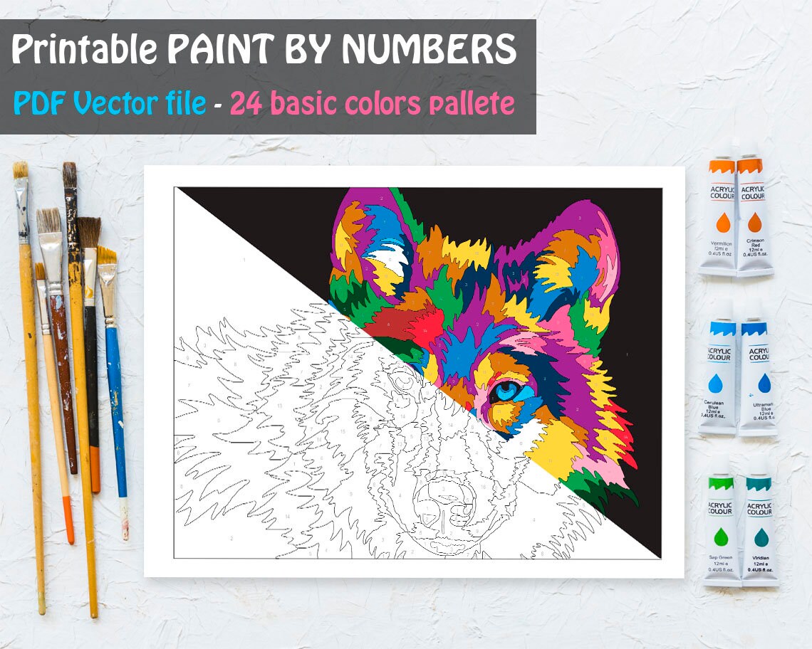 Colorful Wolf Paint by Number Printable Coloring Page, Printable Color