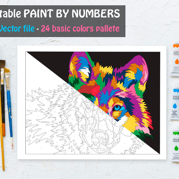 Colorful Wolf Paint By Number Printable Coloring Page, Printable Color By Number, Animal Coloring Sheet, Adult Coloring Page, DIY Painting
