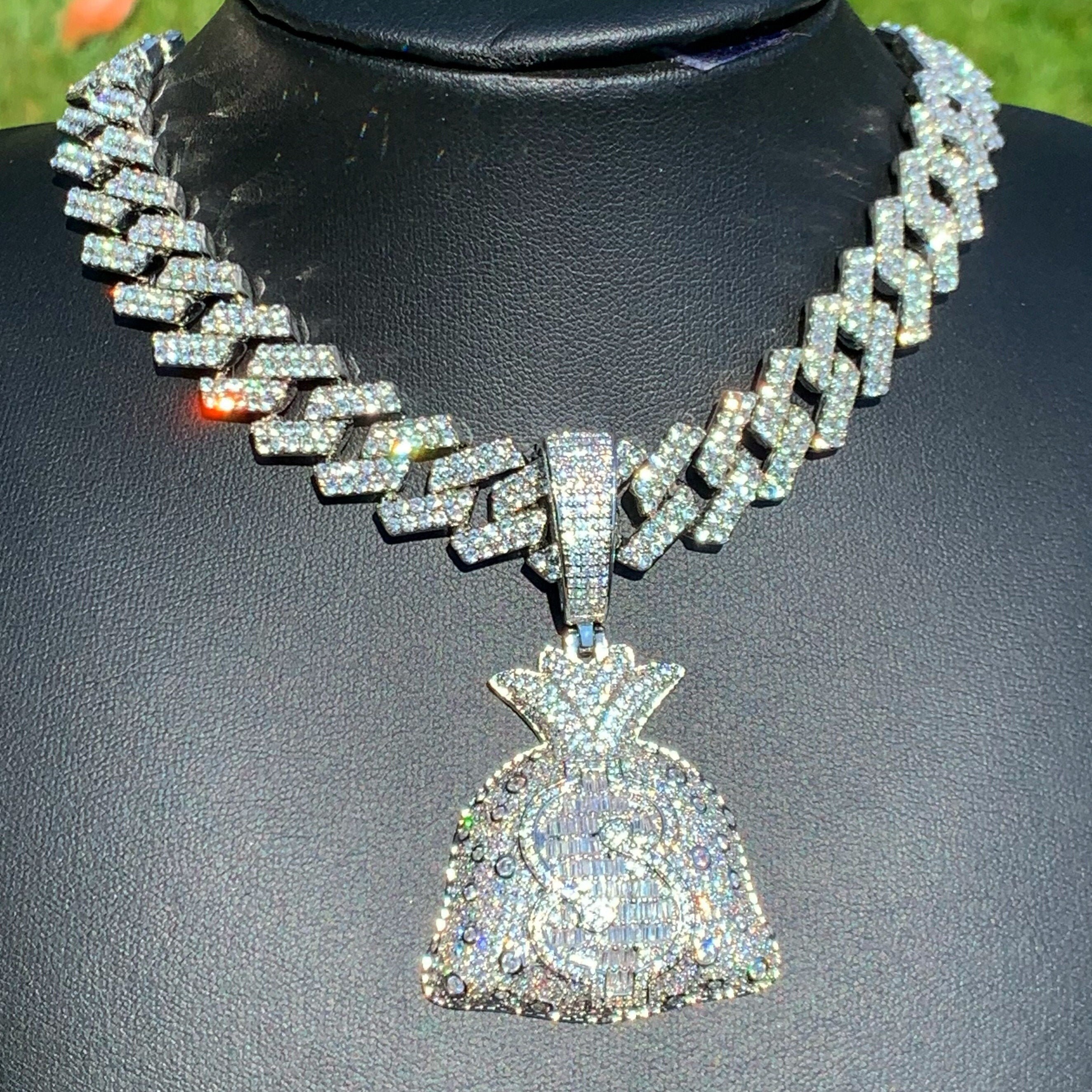 Cuban Link Necklace, Money Bag Pendant, Iced Out Chain, Baguette Money Bag Pendant, Cuban Choker