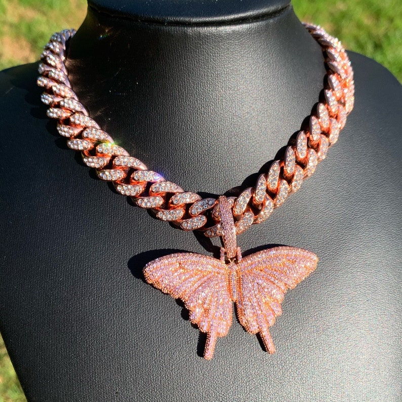 Butterfly Choker Cuban Chain Rose Gold 14mm Cuban Link Chain Butterfly Necklace Butterfly Chain Butterfly Cuban Chain