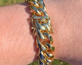 14mm Cuban Link Bracelet Thick Gold 