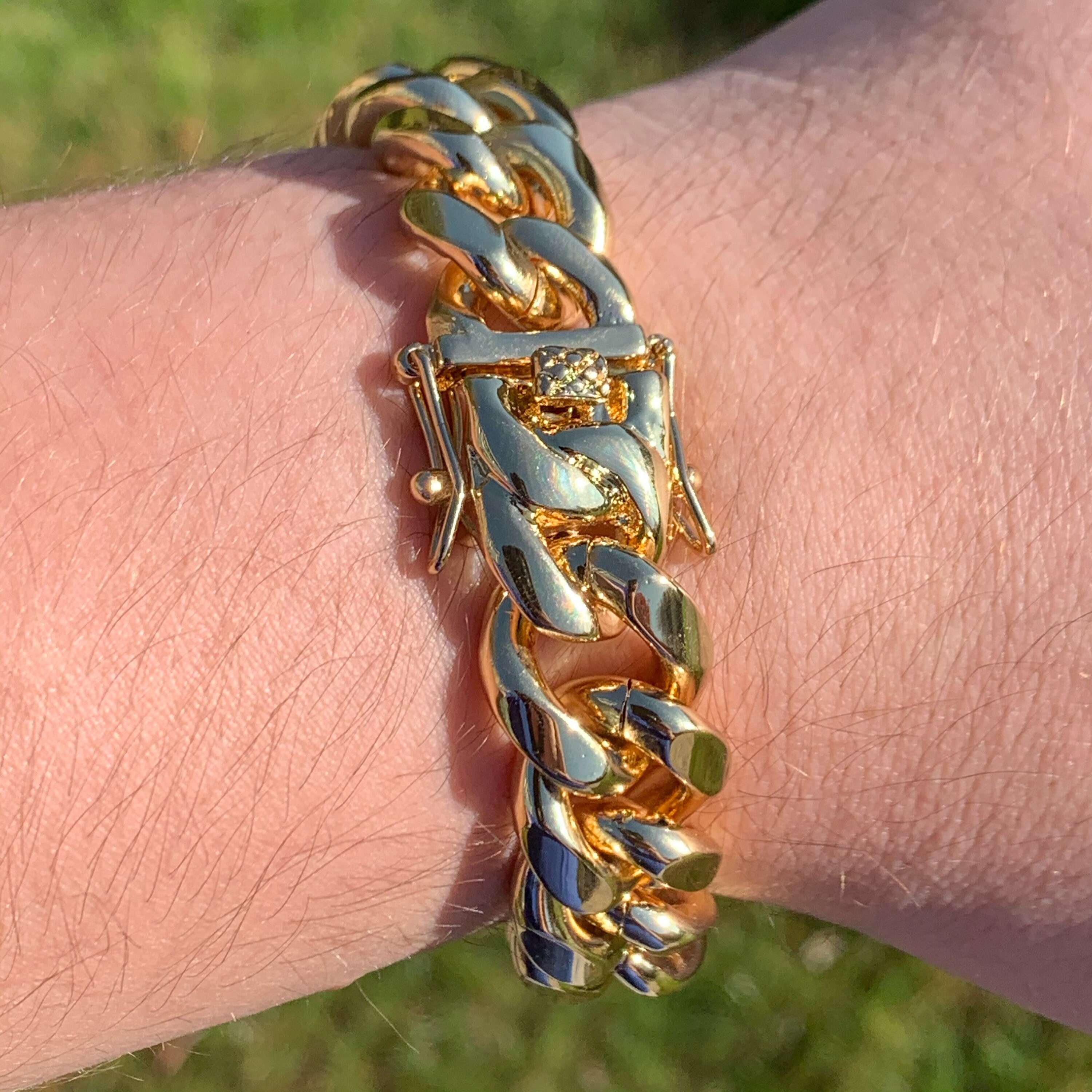14mm Cuban Link Bracelet Thick Gold 