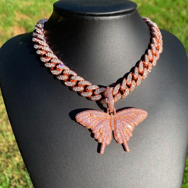Butterfly Choker Cuban Chain Rose Gold 14mm Cuban Link Chain Butterfly Necklace Butterfly Chain Butterfly Cuban Chain