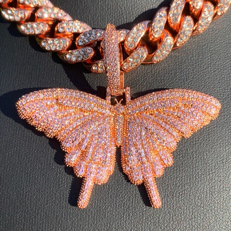 Butterfly Choker Cuban Chain Rose Gold 14mm Cuban Link Chain Butterfly Necklace Butterfly Chain Butterfly Cuban Chain