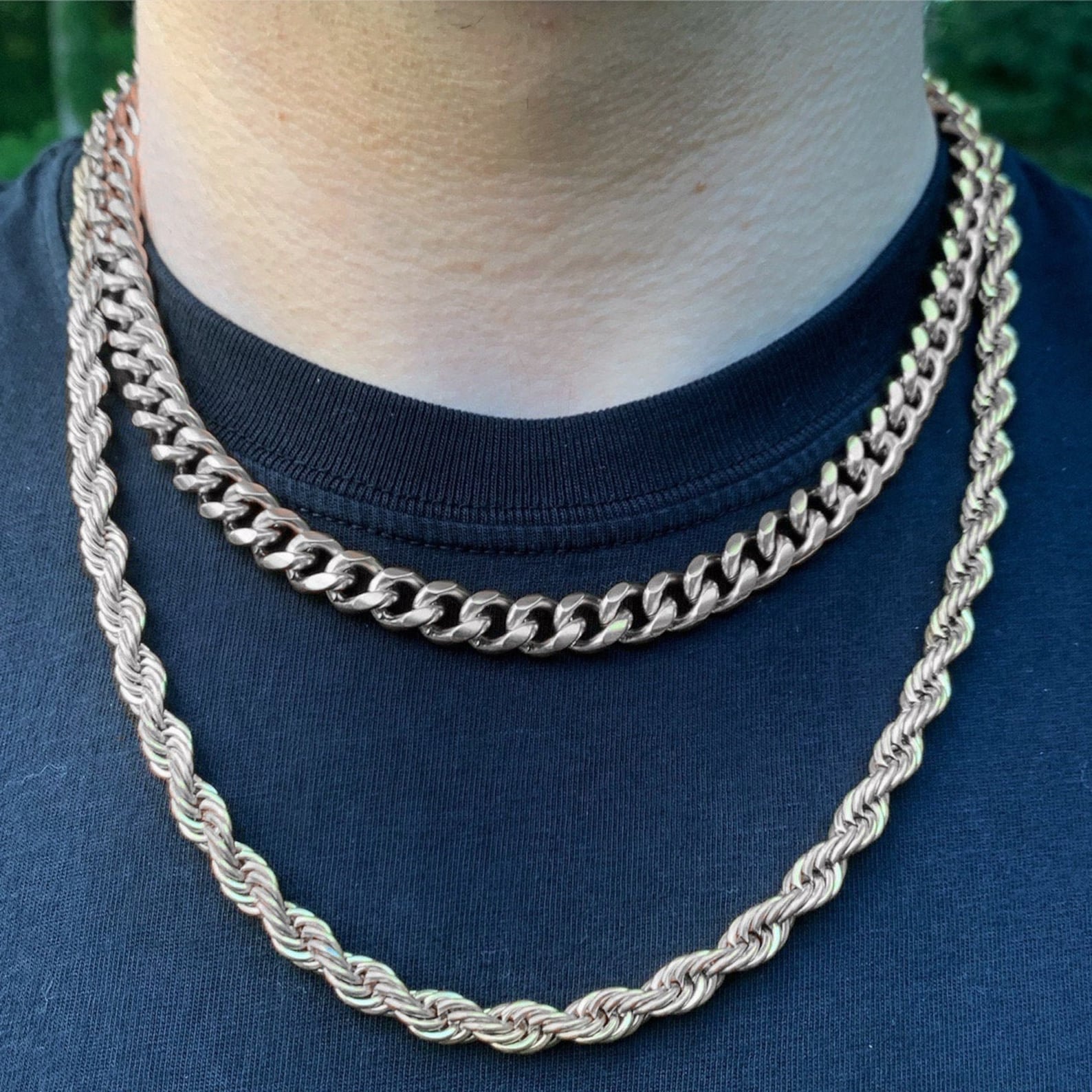 Cuban Link Chain / Rope Chain Necklace 2 Piece Set Silver Etsy