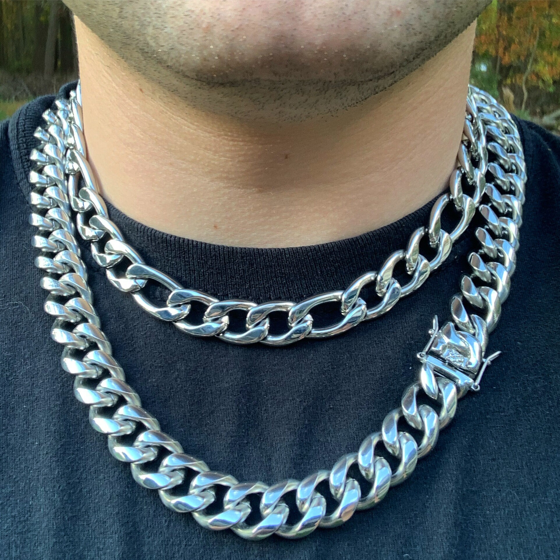 Silver Cuban Chain / Figaro Chain Set 