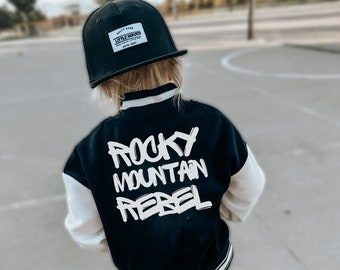 Rocky Mountain Rebel, Kids Varsity jacket, Graffiti style, Kids Letterman jacket, Cool kids clothes