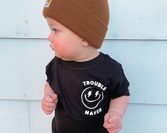 Trouble maker shirt, baby clothes unisex, good vibes kids shirt, cool kids shirt, new mom gift, vintage kids clothes, smiley face shirt