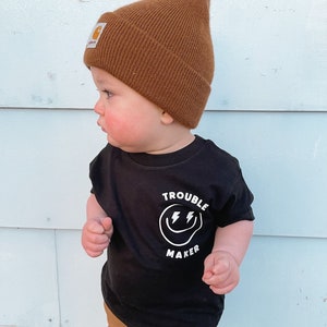 Trouble maker shirt, baby clothes unisex, good vibes kids shirt, cool kids shirt, new mom gift, vintage kids clothes, smiley face shirt