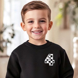 Felpa girocollo con numero a scacchi personalizzato per compleanno, felpa personalizzata per bambini e bambine, vestito di compleanno alla moda, regalo per bambini piccoli e giovani