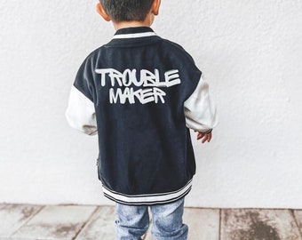 Trouble maker, Kids Varsity jacket, Graffiti style, Kids Letterman jacket, Cool kids clothes