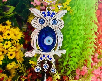 U&U Handmade Ceramic Owl Wall Hanging Ornament with Turkish Glass Evil Eye Bead Charm Decorative Ornament Charm with Jute Rope for Good Luck Success and Protection by POLENArt 