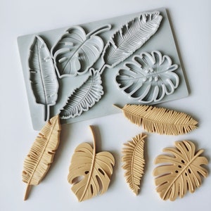 May include: Silicone mold with leaf shapes for baking and crafting. The mold has six different leaf designs, including palm leaves and monstera leaves. There are also five finished leaf shapes made from the mold, in a light brown color.