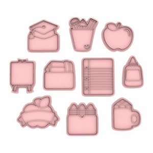 May include: A set of 10 pink plastic cookie cutters shaped like school supplies, including an apple, a graduation cap, a pencil holder, a book, a ruler, a glue bottle, a paintbrush, a mug, and two apple-themed designs.