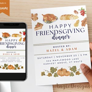 Bewerkbare Friendsgiving-uitnodiging, afdrukbare uitnodiging, digitale uitnodigingssjabloon, Thanksgiving-uitnodiging, uitnodiging herfstfeest, tienerfeest