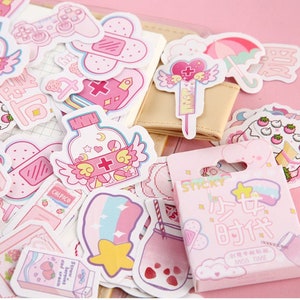 46Pcs - Kawaii Pink Large Sticker Flake Pack -Cute Kawaii Inspired Themed Sticker Pack  -Cute Cat Stickers -Rainbow Stickers