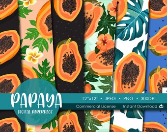 Tropical Food Background Printable Seamless Pattern Fruit Set Wrapping Scrapbook Paper Pack Digital Papers Papaya Digital Pattern
