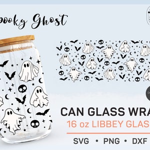 Spooky Ghost Can Glass Wrap SVG, Libbey Full Wrap 16oz svg, Horror Ghost Halloween Seamless DIY, Coffee Glass Template, Autumn, Cricut Cut