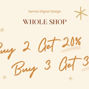 K&ouml;nnte beinhalten: Cremefarbene Werbegrafik mit warmbraunem Text. Der Text lautet "Jannta Digital Design WHOLE SHOP" und "Buy 2 Get 20%" und "Buy 3 Get 30%", mit sternf&ouml;rmigen Akzenten. Ein Logo befindet sich in der oberen rechten Ecke.