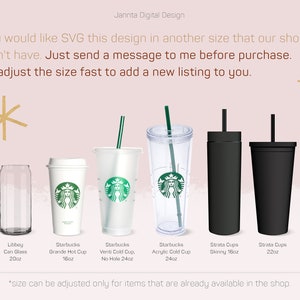 May include: A visual guide to different sizes of cups and tumblers, including Starbucks Grande, Venti, and Acrylic Cold Cups, as well as Libbey Can Glasses and Strata Cups. The sizes are listed in ounces.