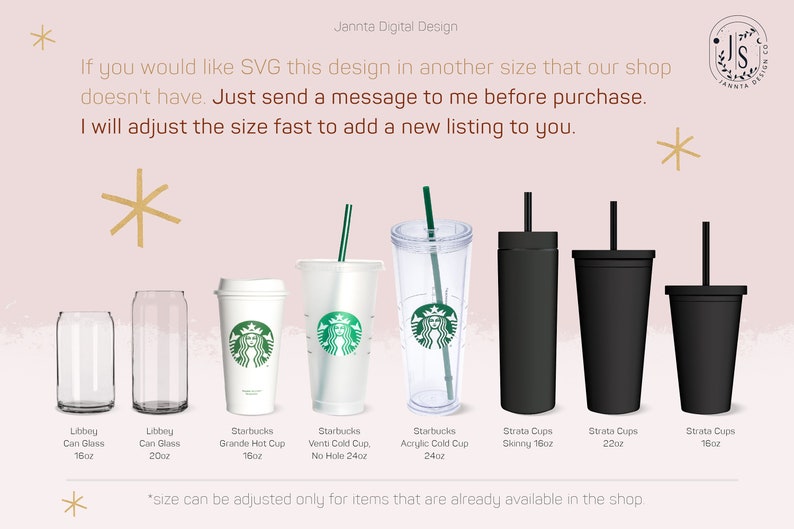May include: A visual guide to different sizes of cups and tumblers, including Starbucks Grande, Venti, and Acrylic Cold Cups, as well as Libbey Can Glasses and Strata Cups. The sizes are listed in ounces.