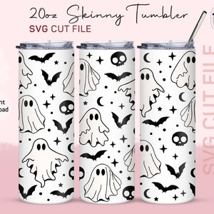 Spooky Ghost SVG, Vaso flaco de 20 oz, Halloween Full Wrap DIY, Plantilla de vaso fantasma de terror svg, Skull svg Bat svg Cut File, Retro Gothic