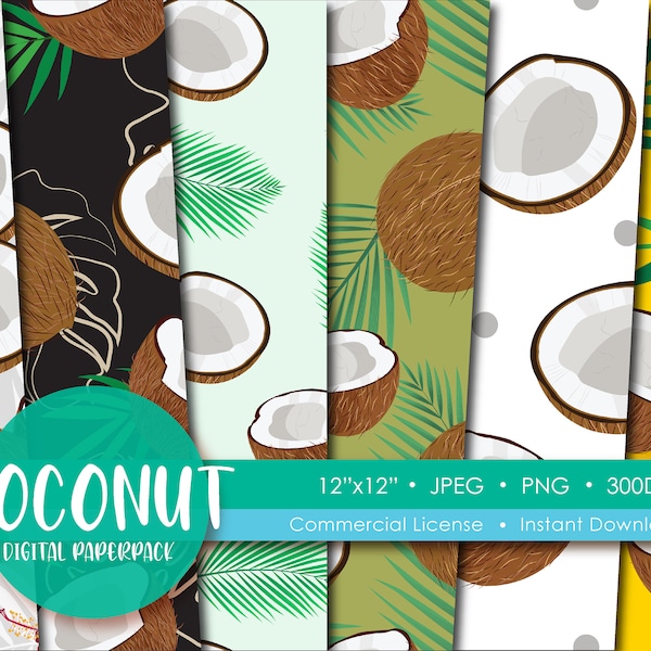 Coconut Wrapping Paper | Digital Papers Pack | Food Scrapbook Paper | Tropical Fruit Fabric | Seamless Pattern | Hawaii Background Sheet