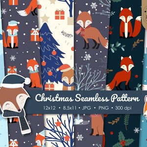 Modèle de renard de Noël, papier d’emballage de Noël, papier numérique d’hiver, fond sans couture animal, boîte-cadeau imprimable, fournitures de scrapbooking