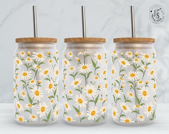 Daisy Flower Can Glass Tumbler Sublimation Wrap PNG, 16 oz Libbey (Digital Download)