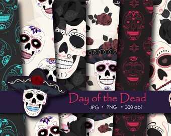 Sugar skull Digital Paper | Day of the Dead | Halloween Horror Pack | Gothic Wrapping Paper | Seamless Pattern | Scrapbook Printable sheet