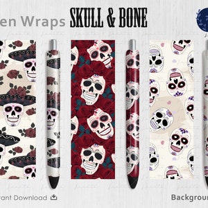 Sugar Skull Pen Wrap PNG | Skulls wraps png | Bones Hand Wrap File Set | Halloween Waterslide | Plik winylowy PNG | Retro Gothic Digital