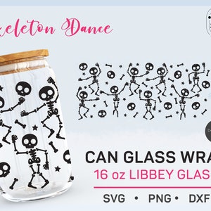 Envoltura de vidrio para lata de esqueleto danzante SVG, envoltura completa Libbey de 16 oz svg, bricolaje sin costuras de terror para Halloween, plantilla para vaso de café, otoño PNG, corte Cricut