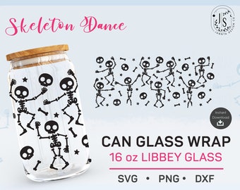 Dancing Skeleton Can Glass Wrap SVG, Halloween Seamless Template (Digital Download)