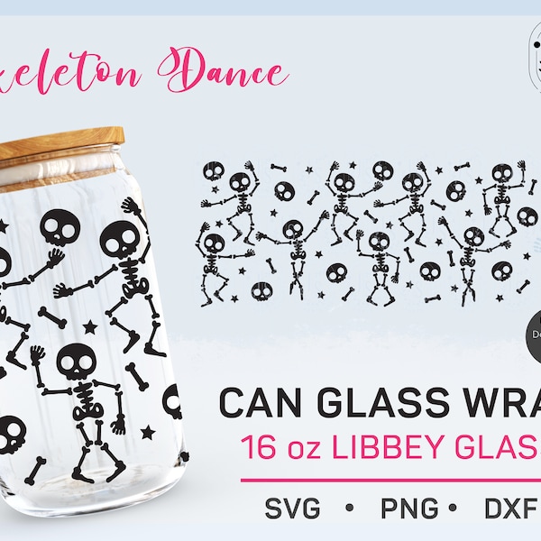 Dancing Skeleton Can Glass Wrap SVG, Libbey Full Wrap 16oz svg, Horror Halloween Seamless DIY, Coffee Glass Template, Autumn PNG, Cricut Cut