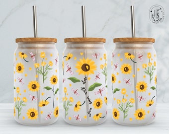 Sunflower Dragonfly 16oz Can Glass Tumbler Sublimation Wrap (PNG Digital Download)