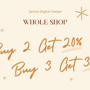 May include: A beige background with gold stars and the text "Jannta Digital Design" and "WHOLE SHOP". The text "Buy 2 Get 20%" and "Buy 3 Get 30%" is written in a handwritten style in brown.