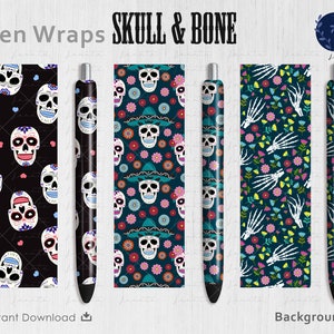 Sugar Skull Pen Wrap PNG | Squelette enveloppe png | Ensemble de fichiers Bones Hand Wrap | | de toboggan aquatique d’Halloween | de fichiers PNG vinyles Rétro Gothique Numérique
