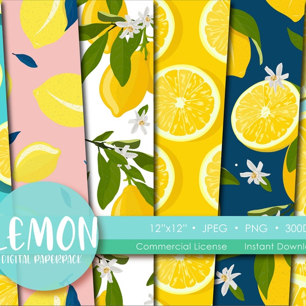 Lemon Digital Papers Pack | Emballage de fruits | Fond d’agrumes Imprimable | Modèle sans couture | Papier scrapbook